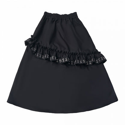 Black Asymmetric Ruffle-Trimmed Long Skirt - PINK SAVIOR