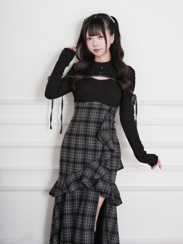 Black Jirai-Kei Faux Two-Piece Plaid Knit Long-Sleeve Dress, Ruffles & Hem Slit - No Genki