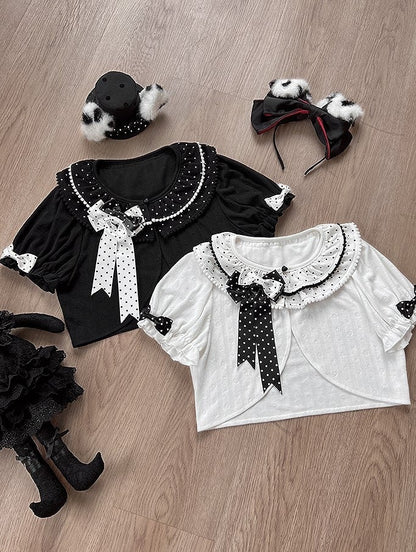 Ebony Polka Dot Collar Knitted Gothic Lolita Cardigan with Bows - Tan Tuan