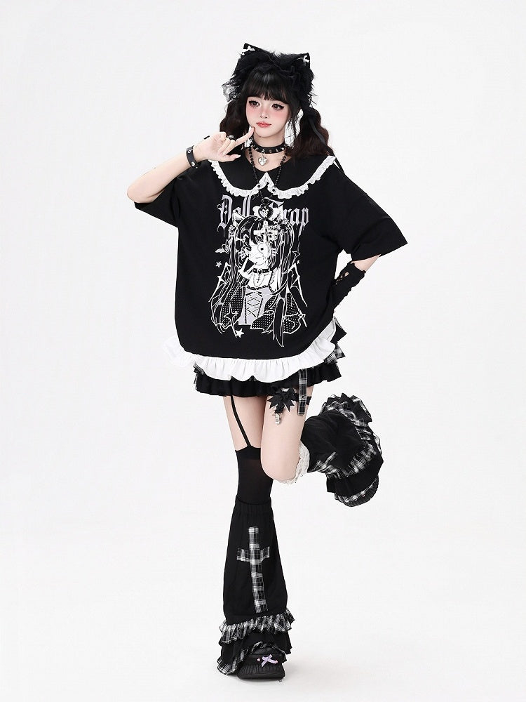 Anime Girl Print Black Peter Pan Collar Short Sleeve T-Shirt with Ruffle Hem - CRAZY GIRL