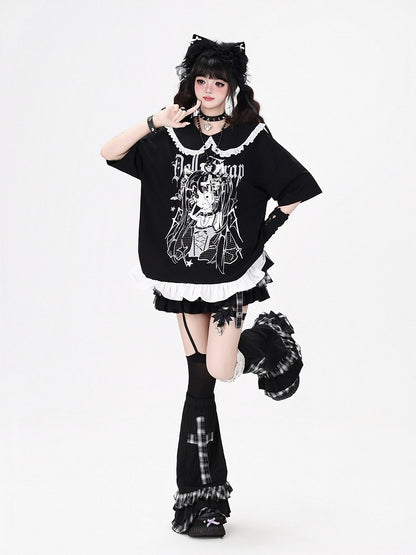 Anime Girl Print Black Peter Pan Collar Short Sleeve T-Shirt with Ruffle Hem - CRAZY GIRL