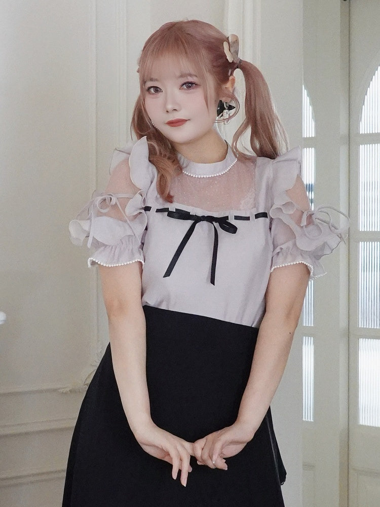 Plus Size Dusty Pink Seiso-kei Cutout Shoulder Blouse with Tulle Panel and Ruffle Accents - Smyster