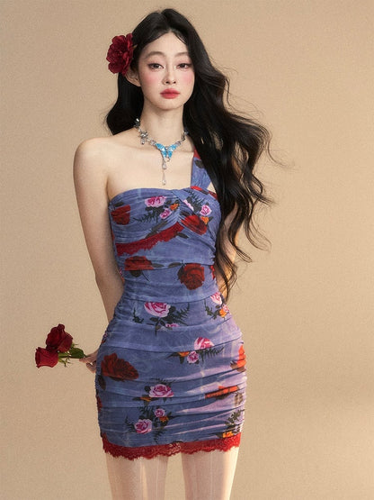 Monets geheimer Garten Mini-Blumenkleid ohne Ärmel Muster Glamorous Blue