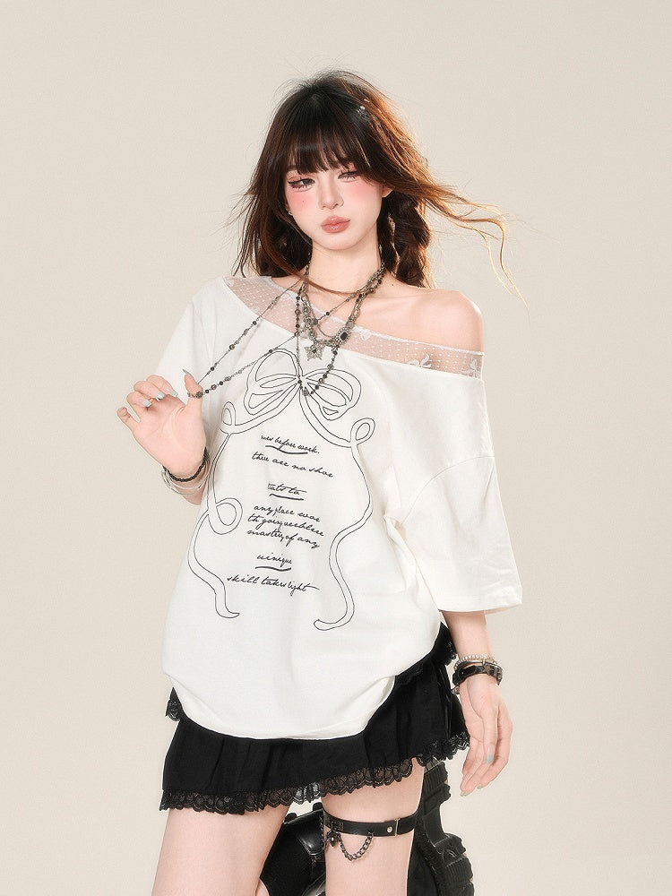 Bow Print Loose White Asymmetrical Neckline Lace T-Shirt Patches Neckline