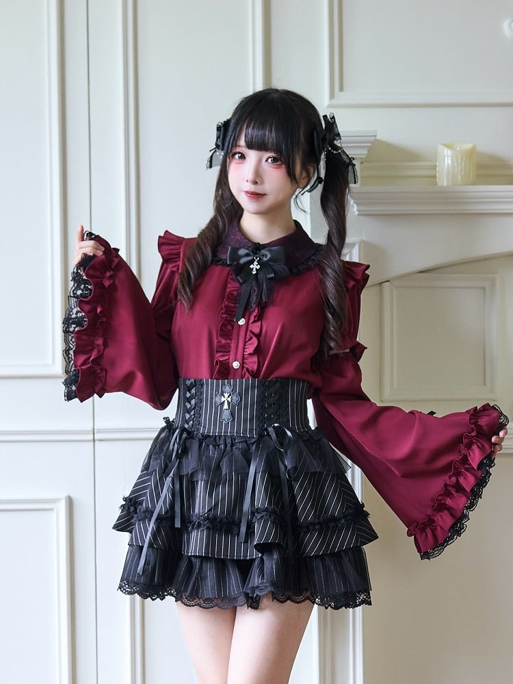 Jirai Kei Detail with Lace Bow Blouse Red Wine Bell-Sleeve Rhinestone