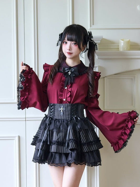 Jirai Kei Detail with Lace Bow Blouse Red Wine Bell-Sleeve Rhinestone