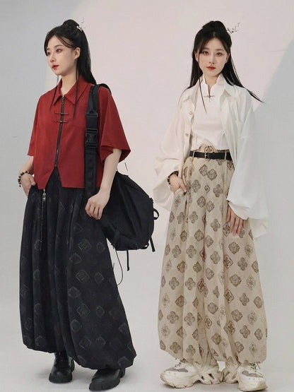 Beige Tang Dynasty Print Lantern Pants Belt Tassel