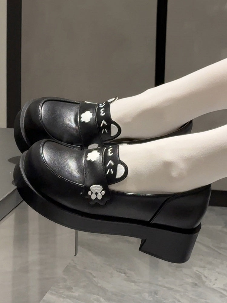 Matte with Leather Mid-heel - Preppy Black Loafers PU Cat Ears Style