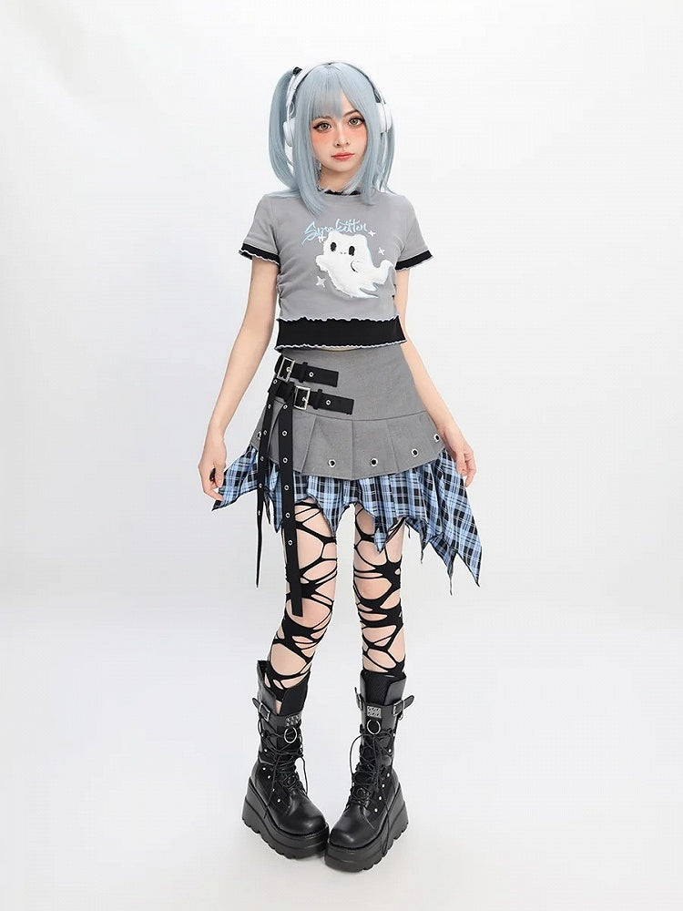 ツーピース Y2K フェイクゴースト 刺繍 レタス裾 Tシャツ グレー プラッシュ