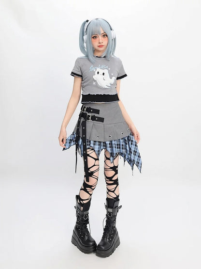 ツーピース Y2K フェイクゴースト 刺繍 レタス裾 Tシャツ グレー プラッシュ
