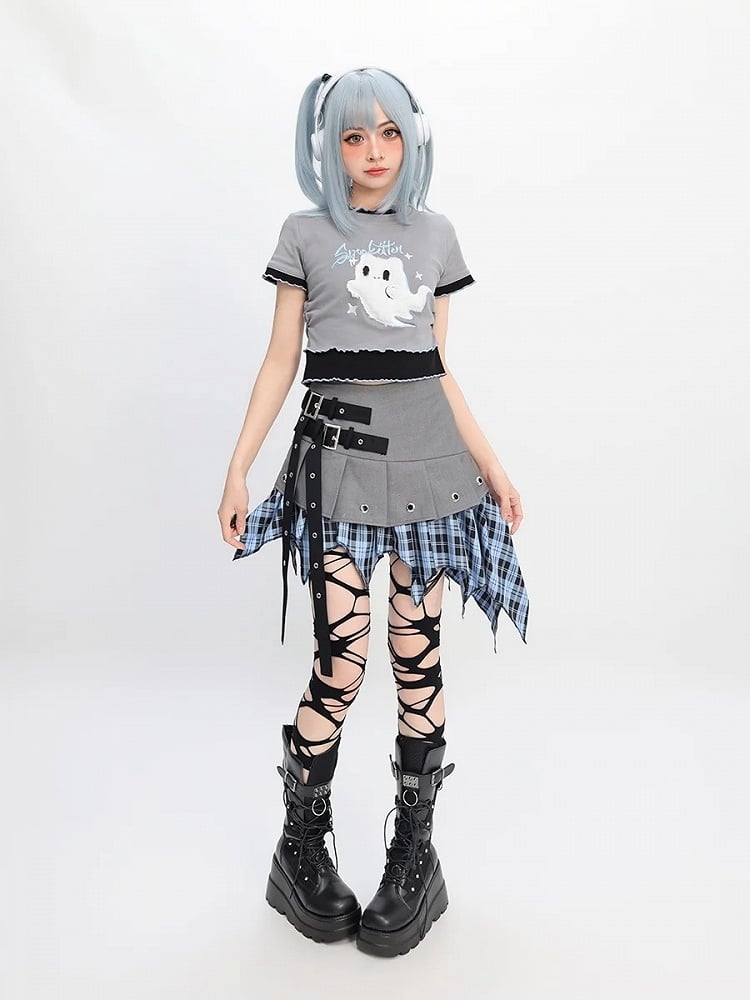 Blau karierter Taschentuchsaum Graue Schnalle Y2K Trägerrock