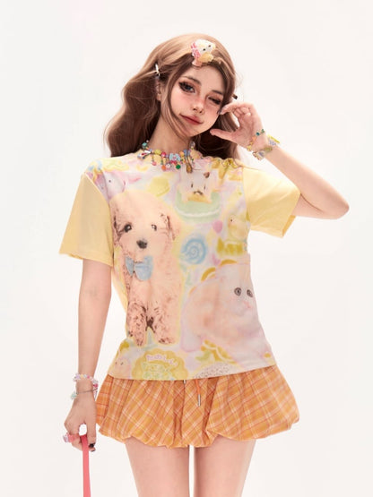 Light Yellow Round Neck Cute Puppy Print T-Shirt