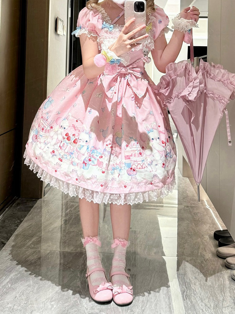 ピンクのバニーとケーキプリントのスイートロリータショートパフスリーブドレス