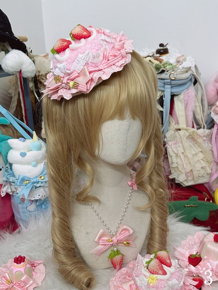 Decoration Options Strawberry Cake-shaped Striped Bow – Hat 3 Mini Sweet with Pink Lolita