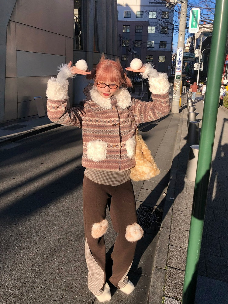 Brown Pants Knee with Flare Accents Patchwork Plaid Vintage-Inspired Fuzzy