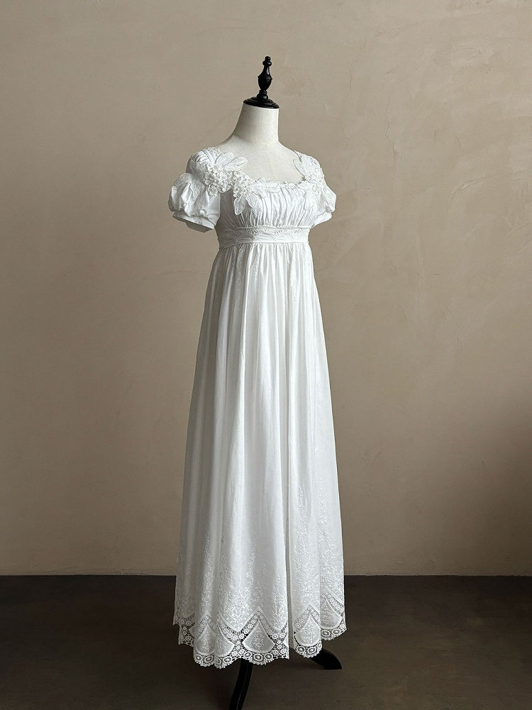 High-Waisted Empire Lolita One-Piece Gown with Lace Embroidery - Vivian's Quilt Studio
