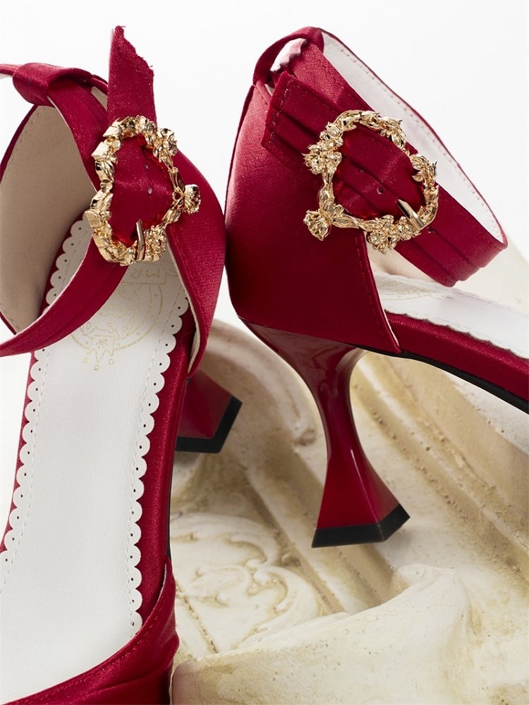 Design Red Classic - Bow Detailing Wine Inspired Sandals Heart Buckle High-heel Lolita