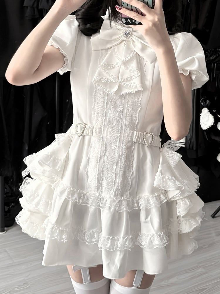 Bow and White Kei Flowing Dress Side Sleeves Tie Train，Shorts Set: with Puffy Gothic Jirai