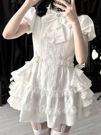 Bow and White Kei Flowing Dress Side Sleeves Tie Train，Shorts Set: with Puffy Gothic Jirai