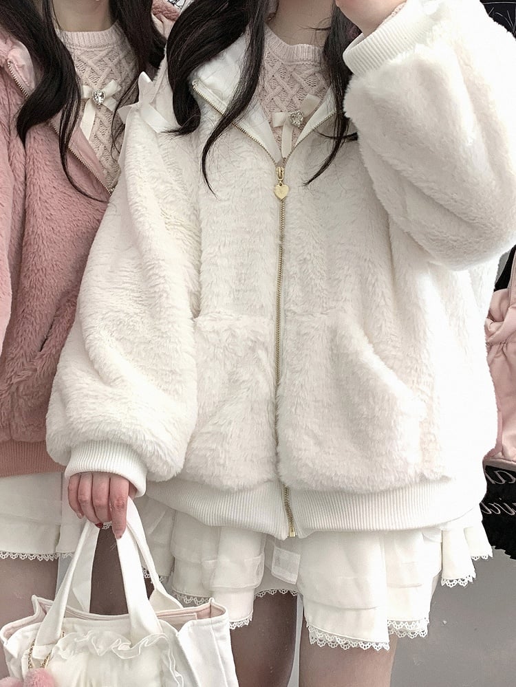 自来也 ピンク バニー耳 フード 地雷風 ぬいぐるみ ジップパーカー