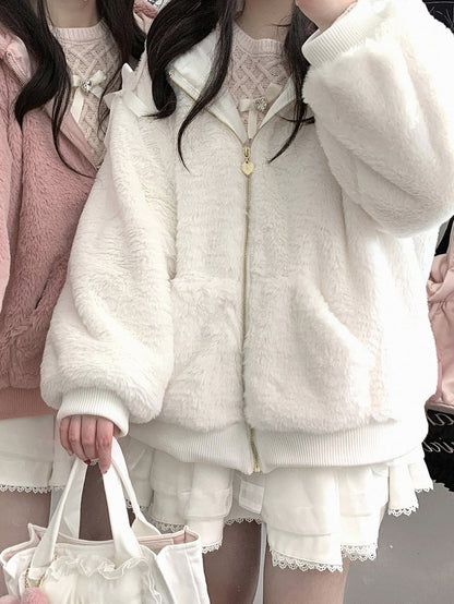 自来也 ピンク バニー耳 フード 地雷風 ぬいぐるみ ジップパーカー