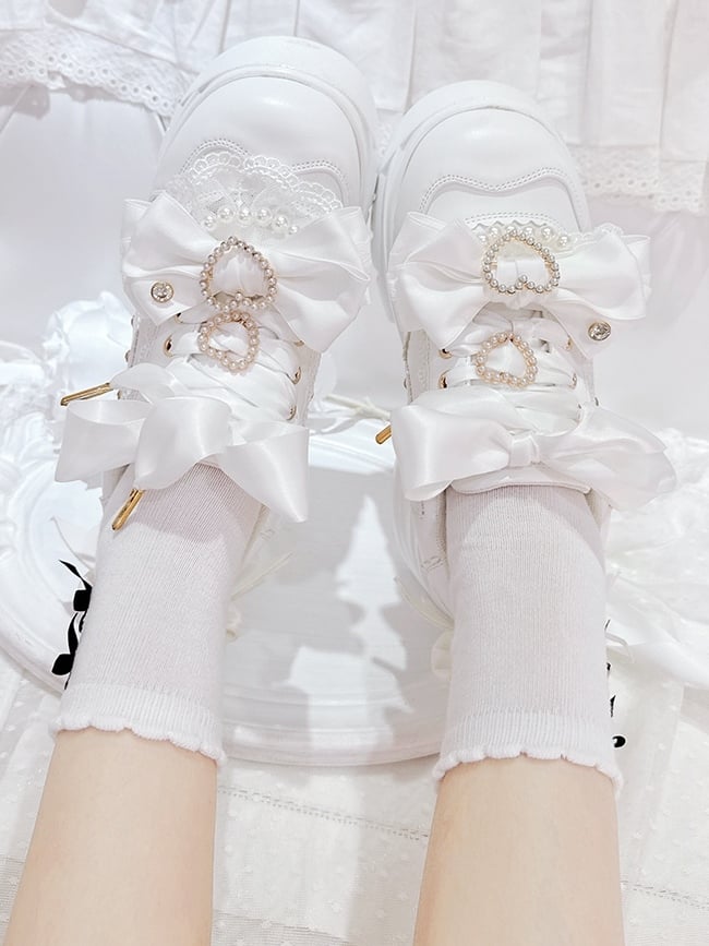 Beaded Platforms White PU Lace-Up Sparkling Jirai Rhinestone Heart Kei Detachable Leather - Bow Decor
