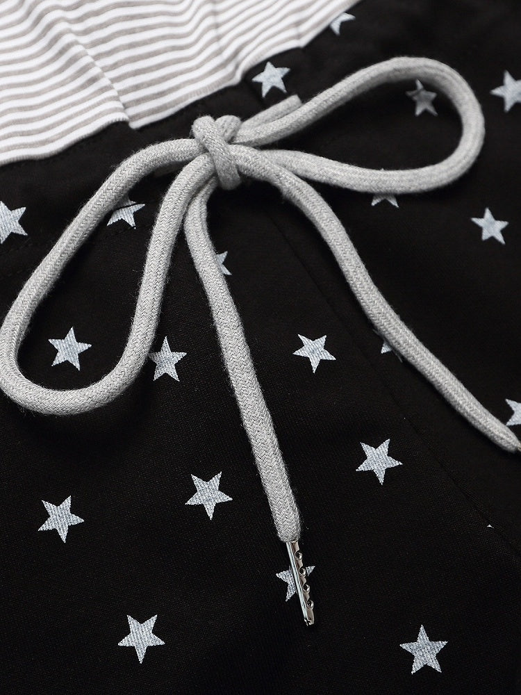 Drawstring Shorts with Star Print & Striped Waistband in Black - Languid Park
