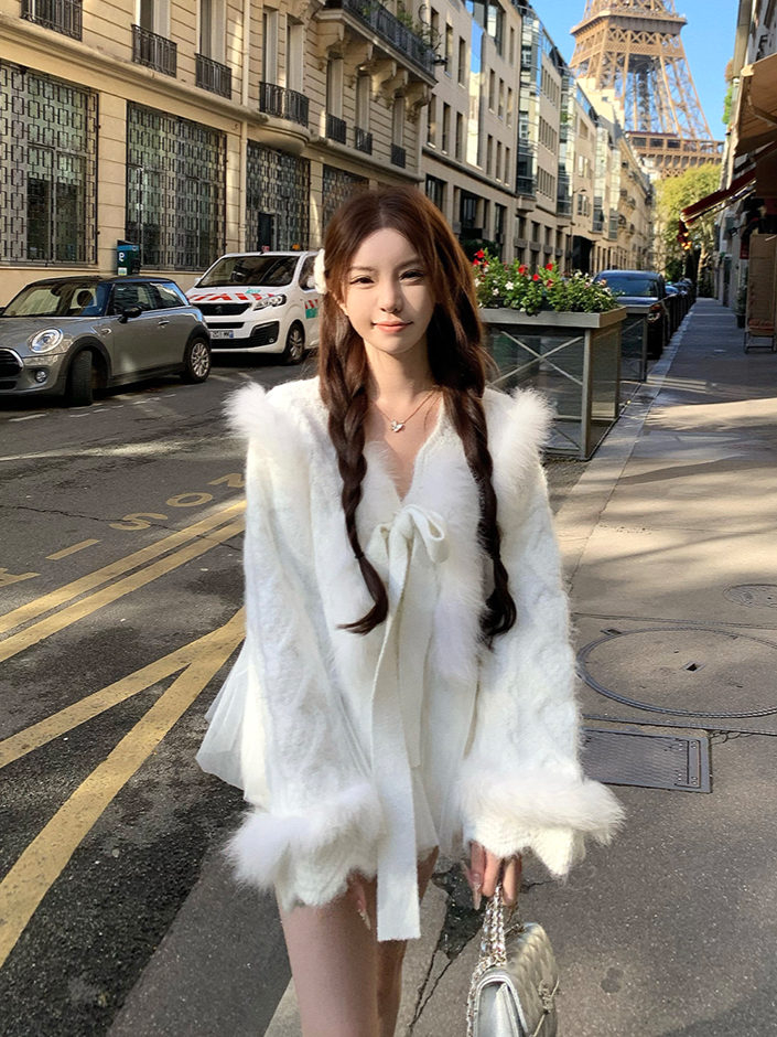 Skirt Knit Top Set Vintage Cable-Knit Frayed-Trim Wool Luxe