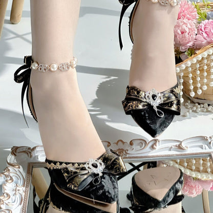 Jewel Crown Gothic Lolita Bridal Heels – Black Gold Dark Wedding Shoes | MiaoMiaoJiang