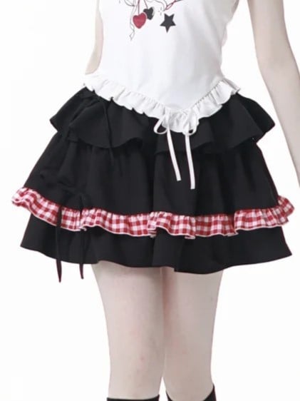 Black Skirt Hem Red Ruffled Plaid with Tiered