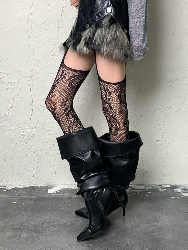 ダークゴシックブラックパンクホローアウトサスペンダータイツ