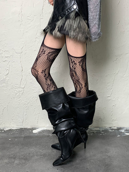 ダークゴシックブラックパンクホローアウトサスペンダータイツ