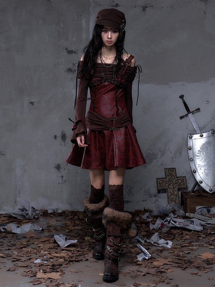 Dress Sleeves Vintage PU Red Brown Punk A-Line Bell Off-Shoulder with Design Knit