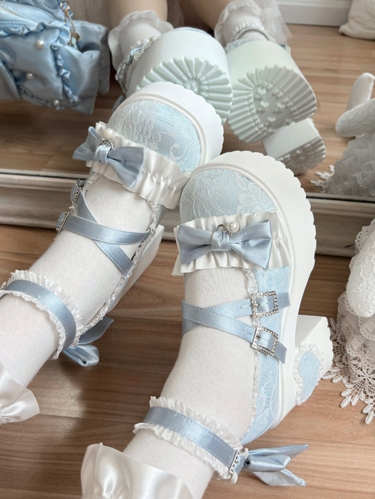 High Block Fastener Ornate Heels Crystal Baby Blue Lolita Sweet -