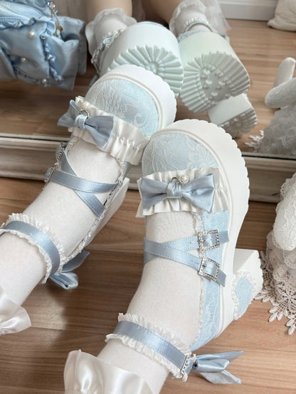 High Block Fastener Ornate Heels Crystal Baby Blue Lolita Sweet -