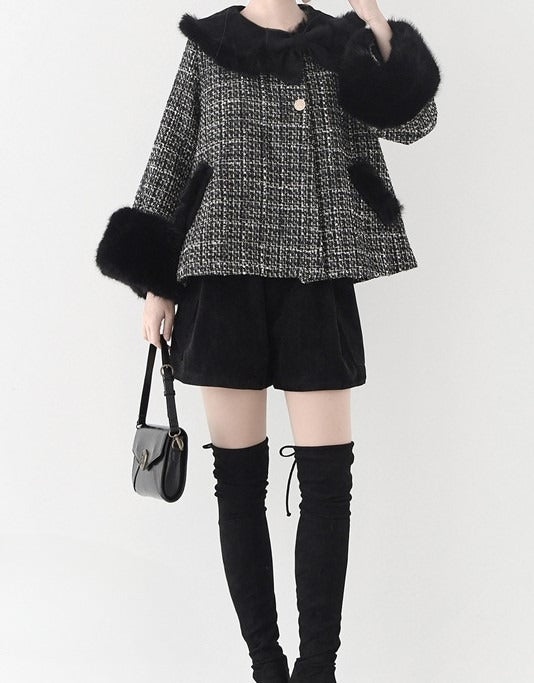 Fur Cropped Plush Black Tweed White Faux with Lolita Cuffs Coat