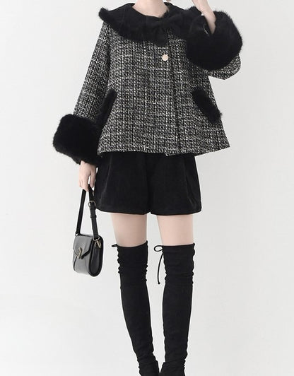 Fur Cropped Plush Black Tweed White Faux with Lolita Cuffs Coat