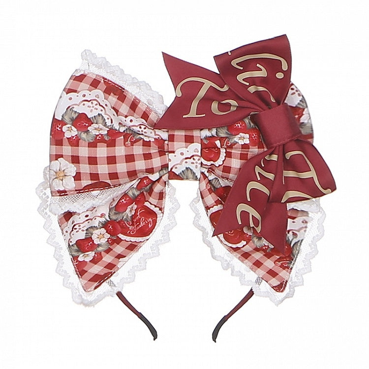 Wine Red Strawberry and Rabbit Print Lace Trim Big Bow KC