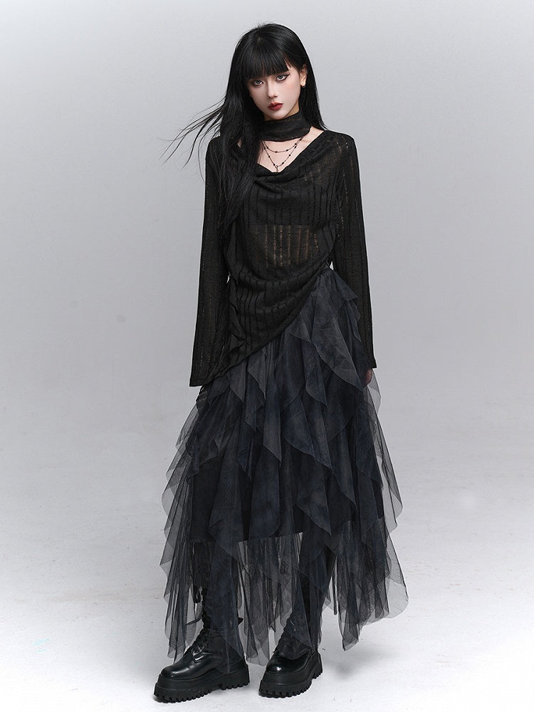 Slit with Top Knit Asymmetrical Neck Black Gothic Side Cowl