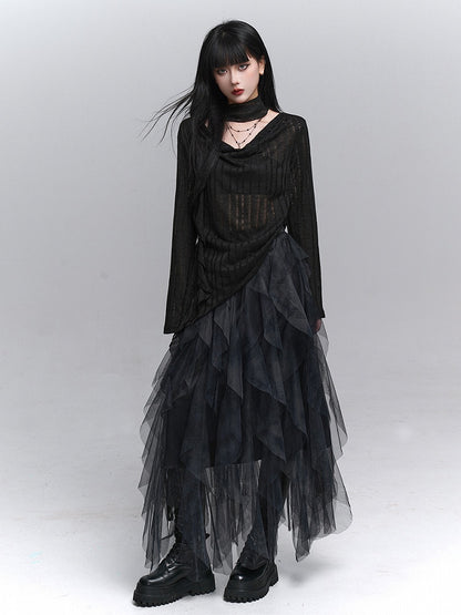 Slit with Top Knit Asymmetrical Neck Black Gothic Side Cowl