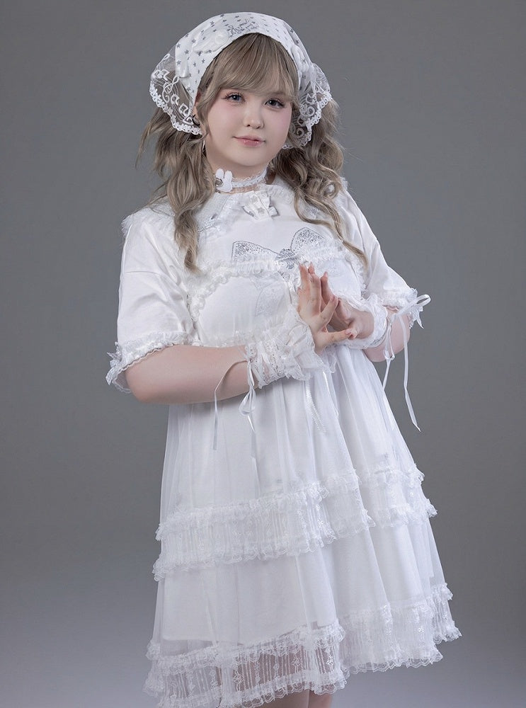 Peter Pan Collar Short Sleeve T-Shirt Dress with Print & Bows - Fluffy Heart