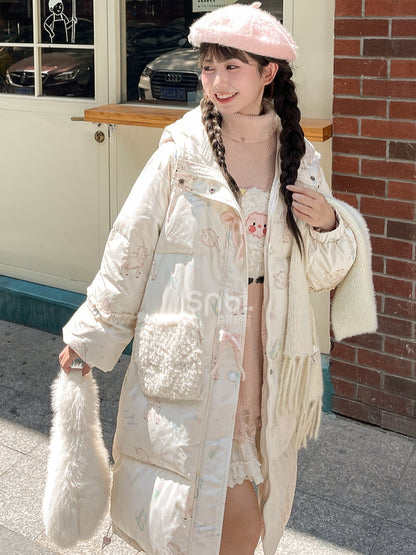 Süße weiße Daunenjacke mit Kapuze und Lamm-Print, kurze/lange Version