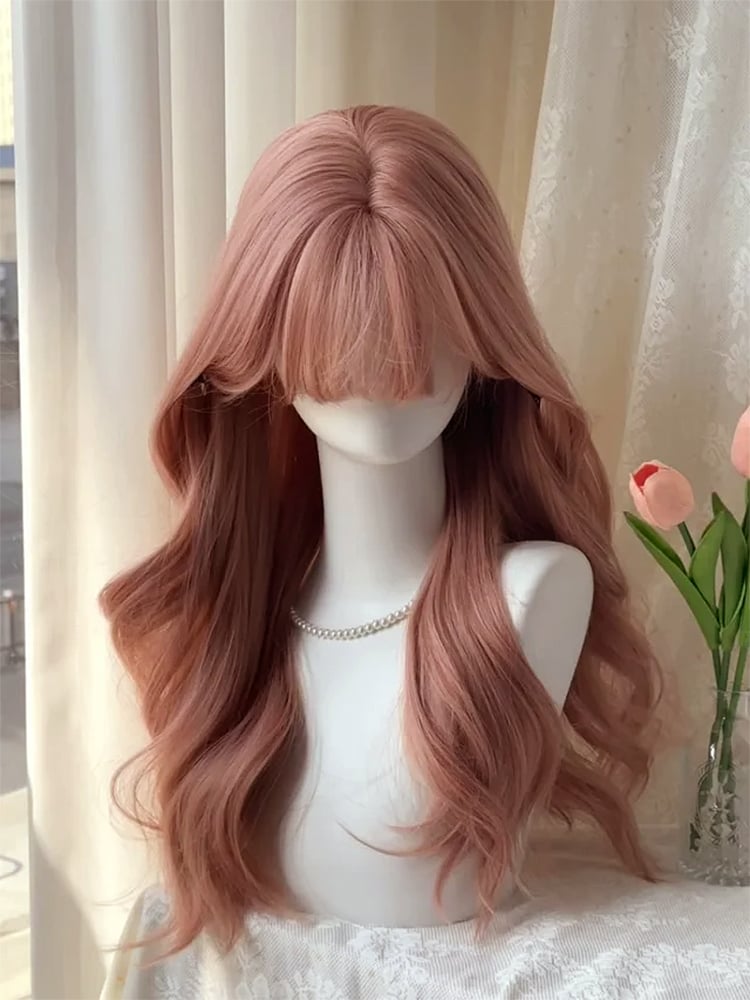 Long Rose with Bangs Wavy Full Wig Pink 65CM