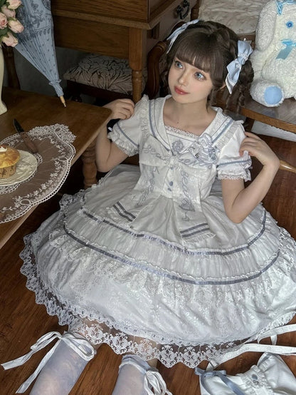 Ivory and Azure Lace Sailor Gown with Stitched Accents - Honey Machine