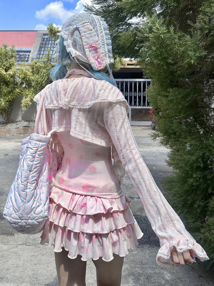 Ruffle Accents Semi-Sheer Trim Protection Pink Lace Sun Cascading Cardigan with