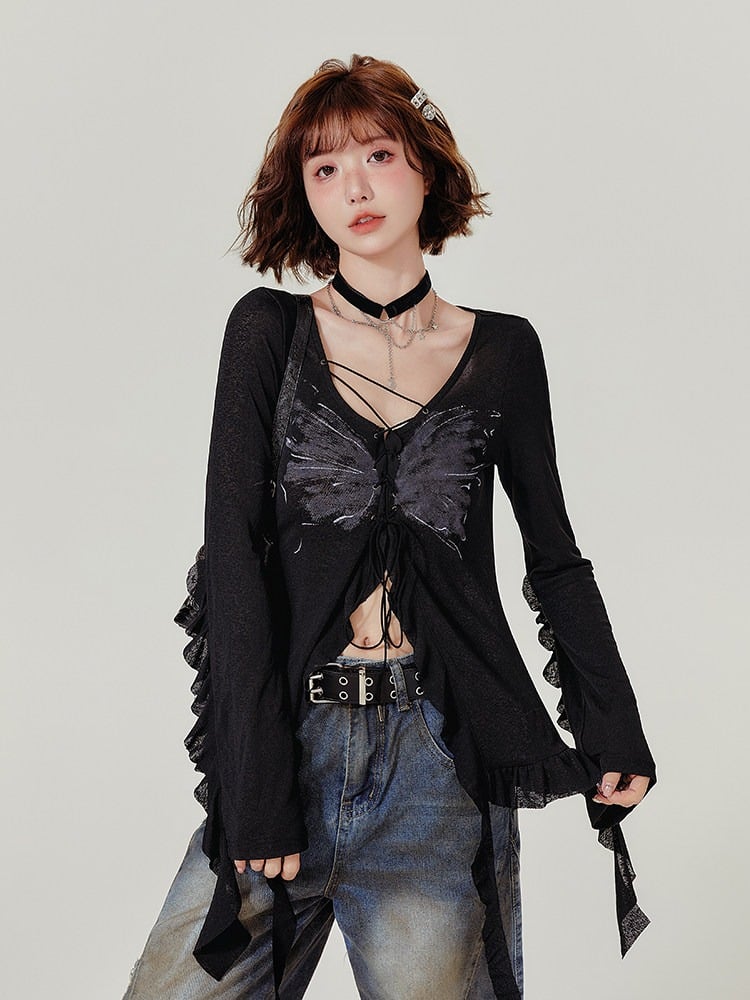 Black Butterfly Print Long Sleeve V-neck Knit Cardigan with Inner Top - Girlyhalo