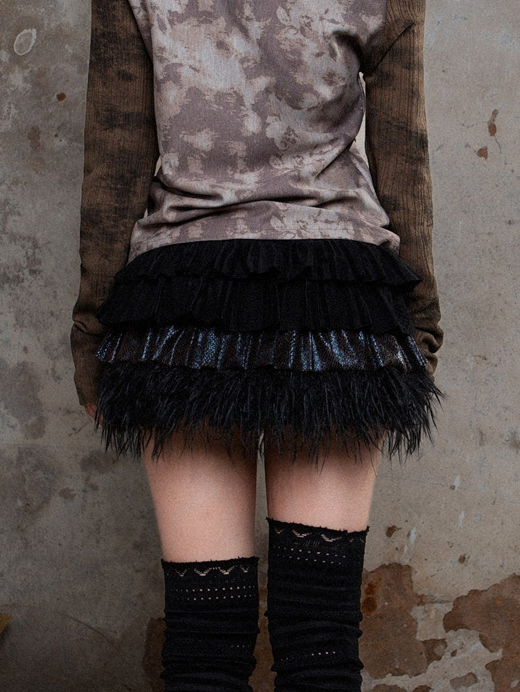 Tiered Faux Elastic Black Punk with Fur Waist Glossy Skirt Trim Fabric