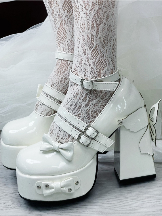 Milk Bowknot Heels Lolita Shoes White Platform High Block Design Butterfly Stud