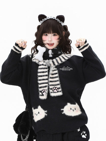 Sweater Scarf Paw Striped with Kawaii Pattern Cat Apricot/Black/Blue Embroidery Daily