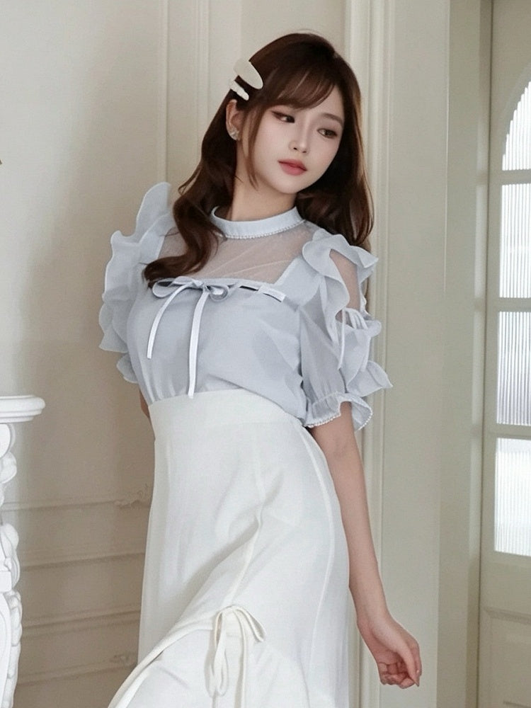 Plus Size Blue Seiso-kei Cutout Shoulder Blouse with Tulle Panel and Ruffle Accents - Smyster